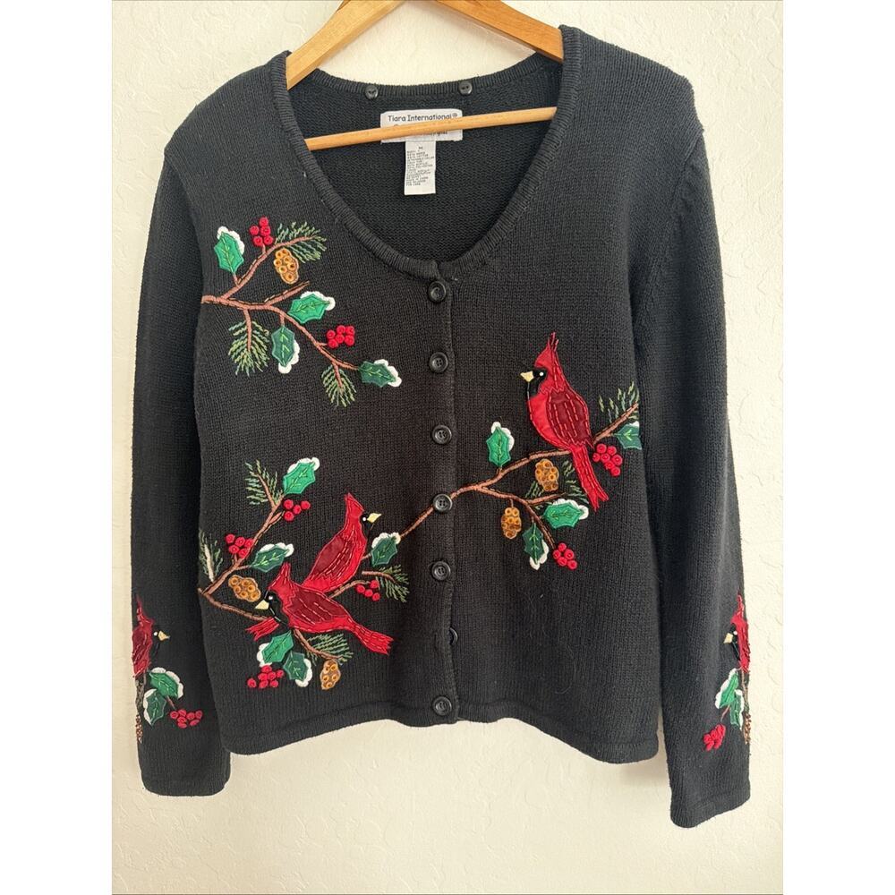 VTG Cardinal Beaded Embroidered M Christmas‎ Cardigan Grandma Ugly Sweater